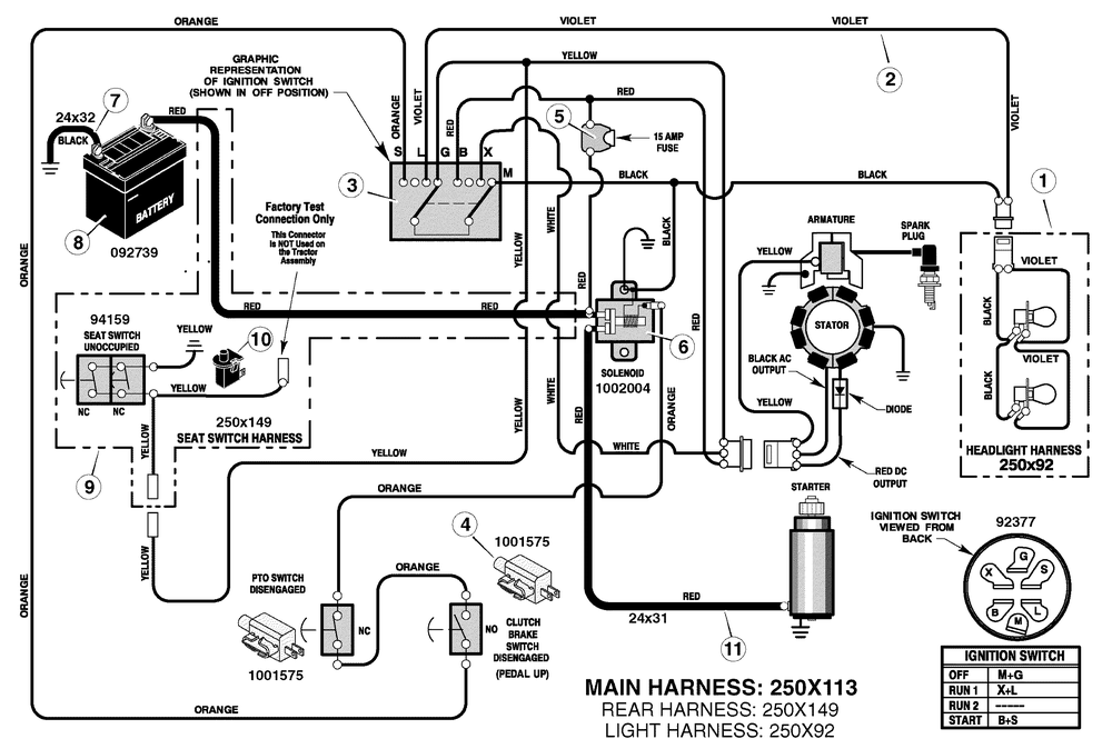 Electrical System Diagram and Parts List for 385044X51A 2006 Briggs and Stratton Lawn Tractor